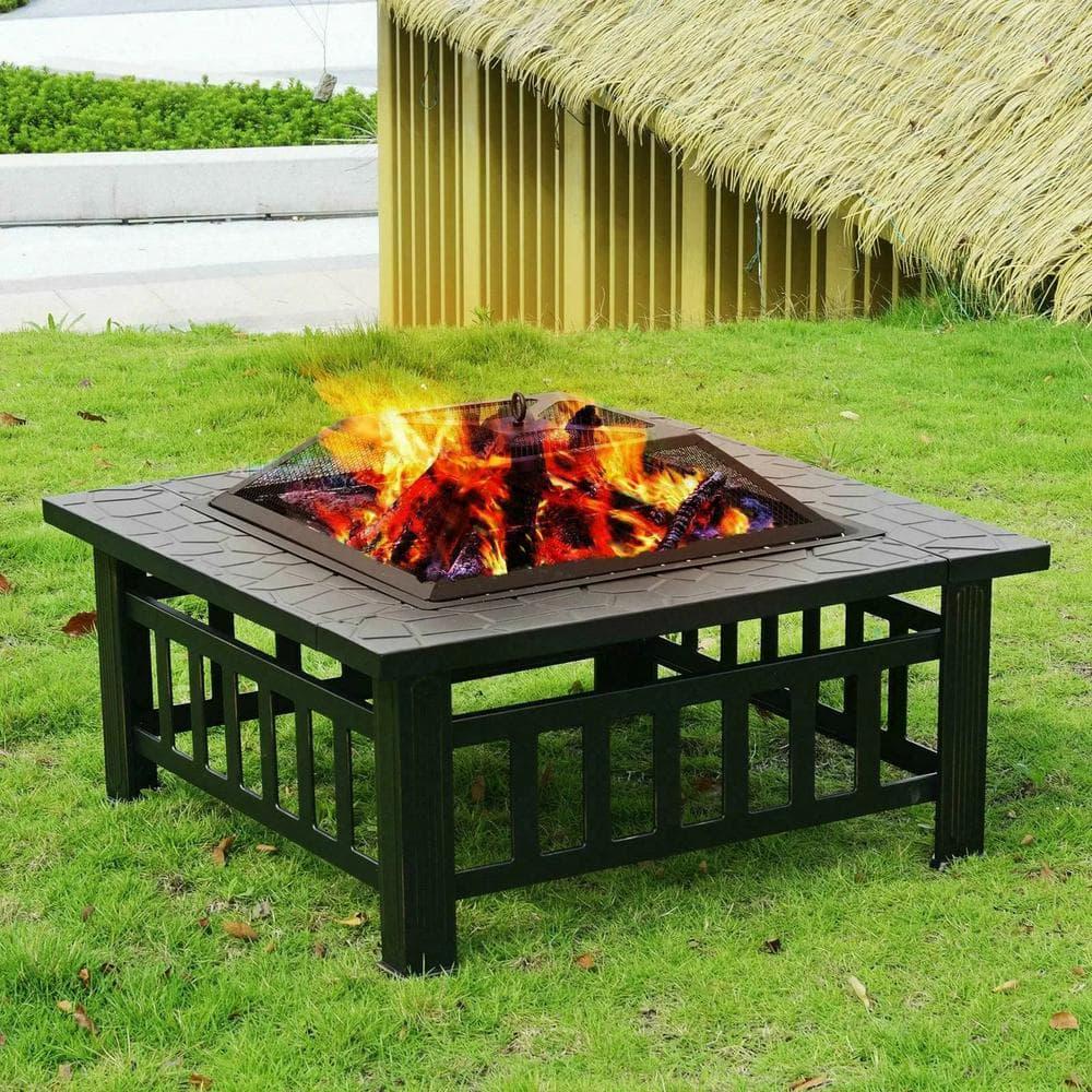 Wildaven 32 in Square Black Burning Wood Outdoor Metal Firepit with Spark Screen Waterproof Cover Poker