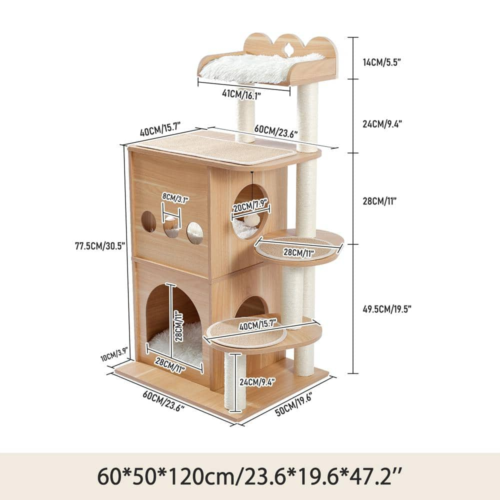 Foobrues 47.20 in. H Multi-Level MDF Pet Cats Scratching Posts and Trees with 2 Cozy Condos, Perch and Dangling Balls in Beige LNN-P23168427