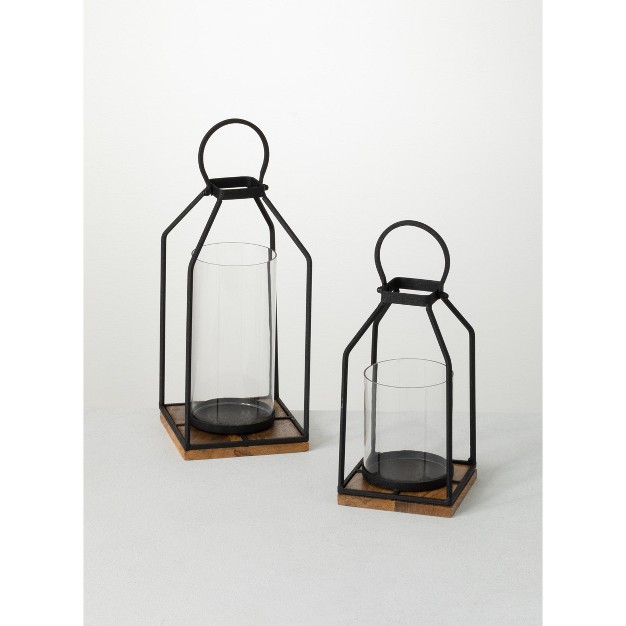 Sullivans Set Of 2 Lantern Iron amp Glass Candle Holders 12 75 quot h amp 13 5 quot h Black