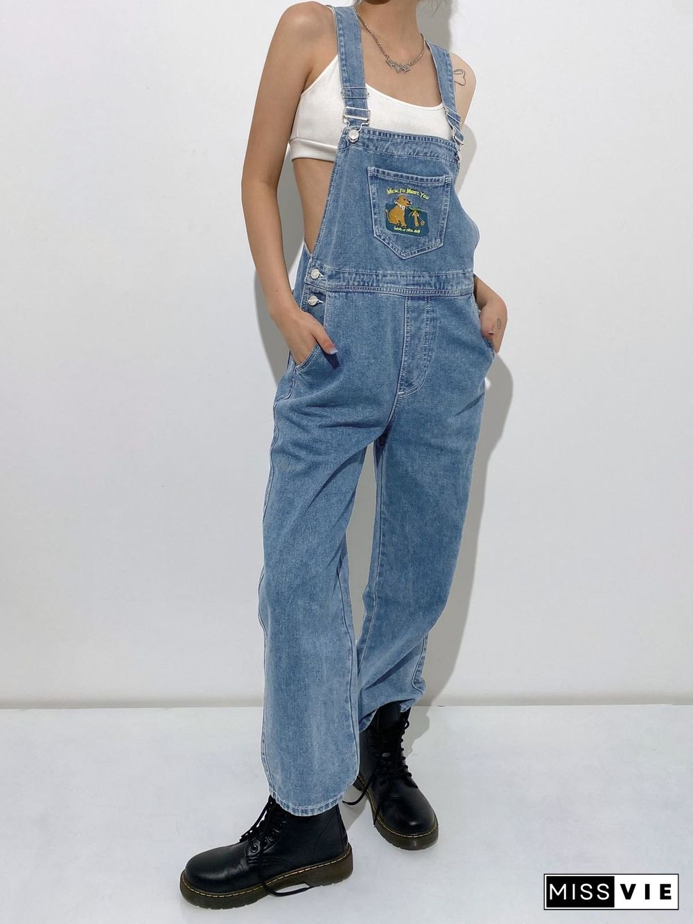 Embroidered Pocket Denim Overalls Jeans