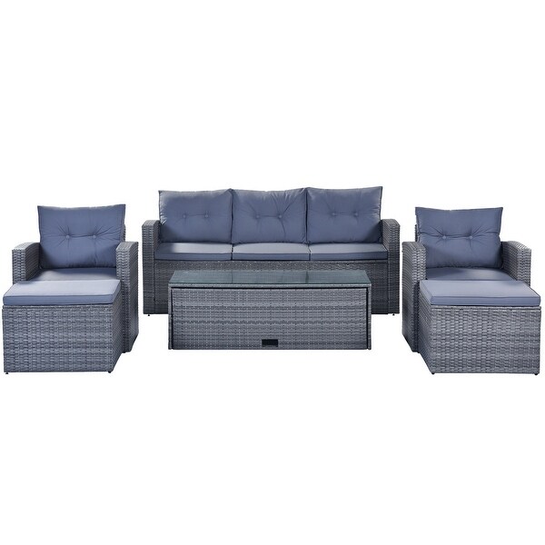 6Piece Patio Outdoor Conversation Set，AllWeather PE Rattan Sectional Sofa with Coffee Table and Ottomans