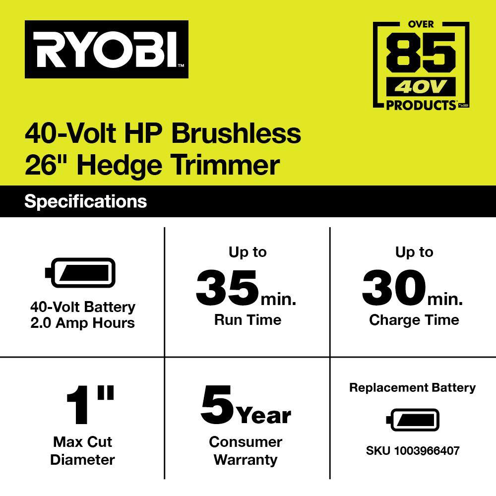 RYOBI 40V HP Brushless 26 in. Cordless Battery Hedge Trimmer with 2.0 Ah Battery and Charger RY40640