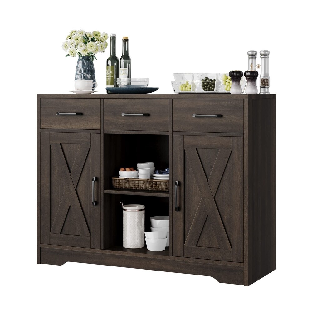 Modern Farmhouse Buffet Storage Cabinet  Barn Doors Wood Sideboard with Drawers and Shelves For Coffee Bar  Kitchen  Dining Room