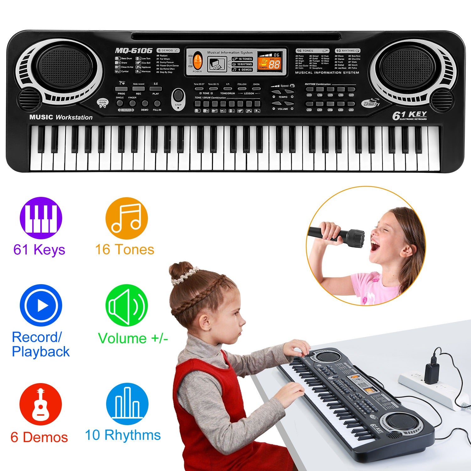 61 Keys Digital Music Keyboard， iMountek Electric Piano Musical Instrument Kids Learning Keyboard with Microphone for Beginners Kids Girls Boys Adults