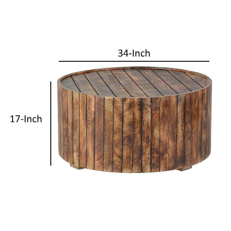 34 Inch Handmade Wooden Round Coffee Table with Plank Design， Burned Brown