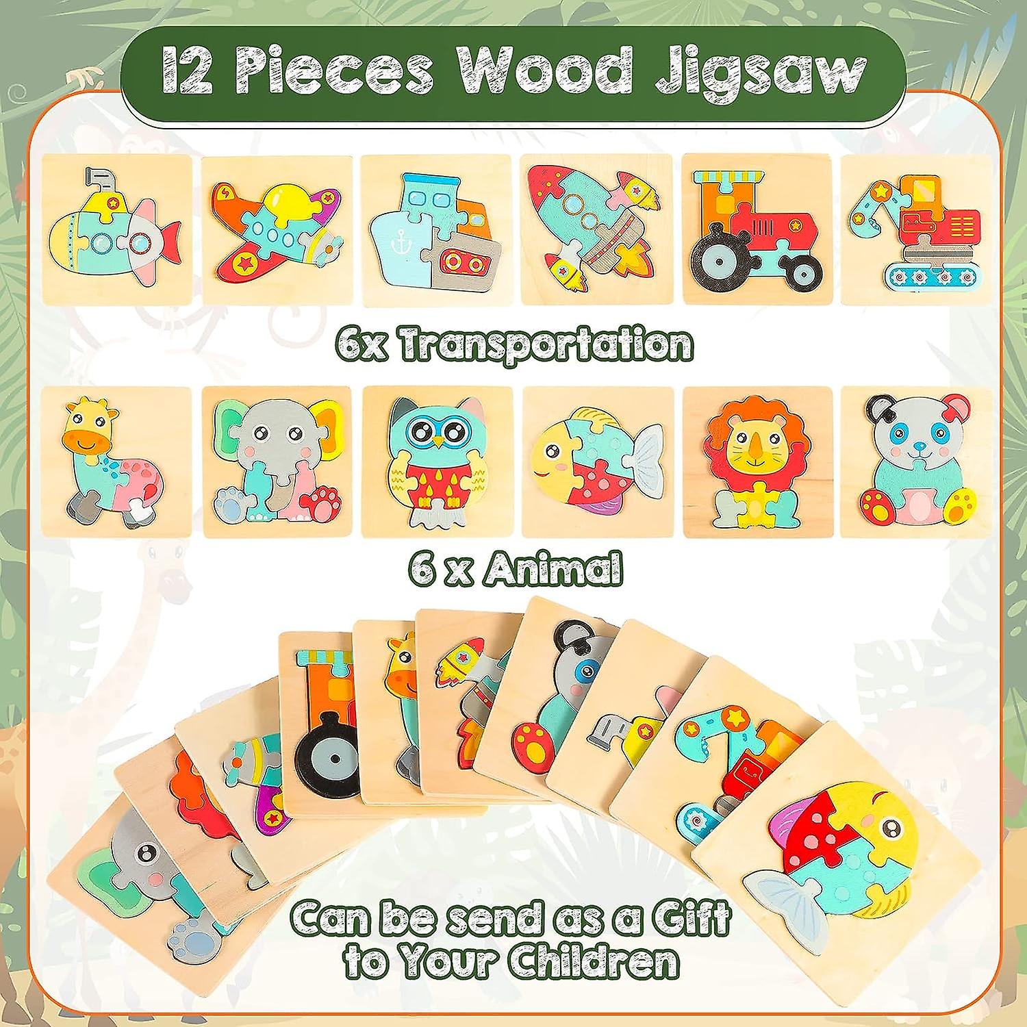 12 Pieces Wooden Jigsaw Puzzles For Toddlers， Includes 6 Wooden Vehicle Car Puzzle And 6 Animal Jigsaw Puzzles Educational Learning Toys For Ages 1-3