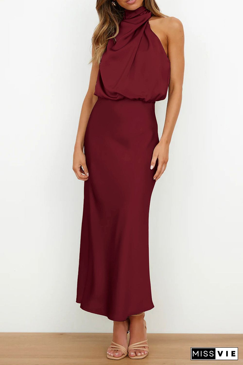 Ruched Cut Shoulder Sleeveless Sily Maxi Dress