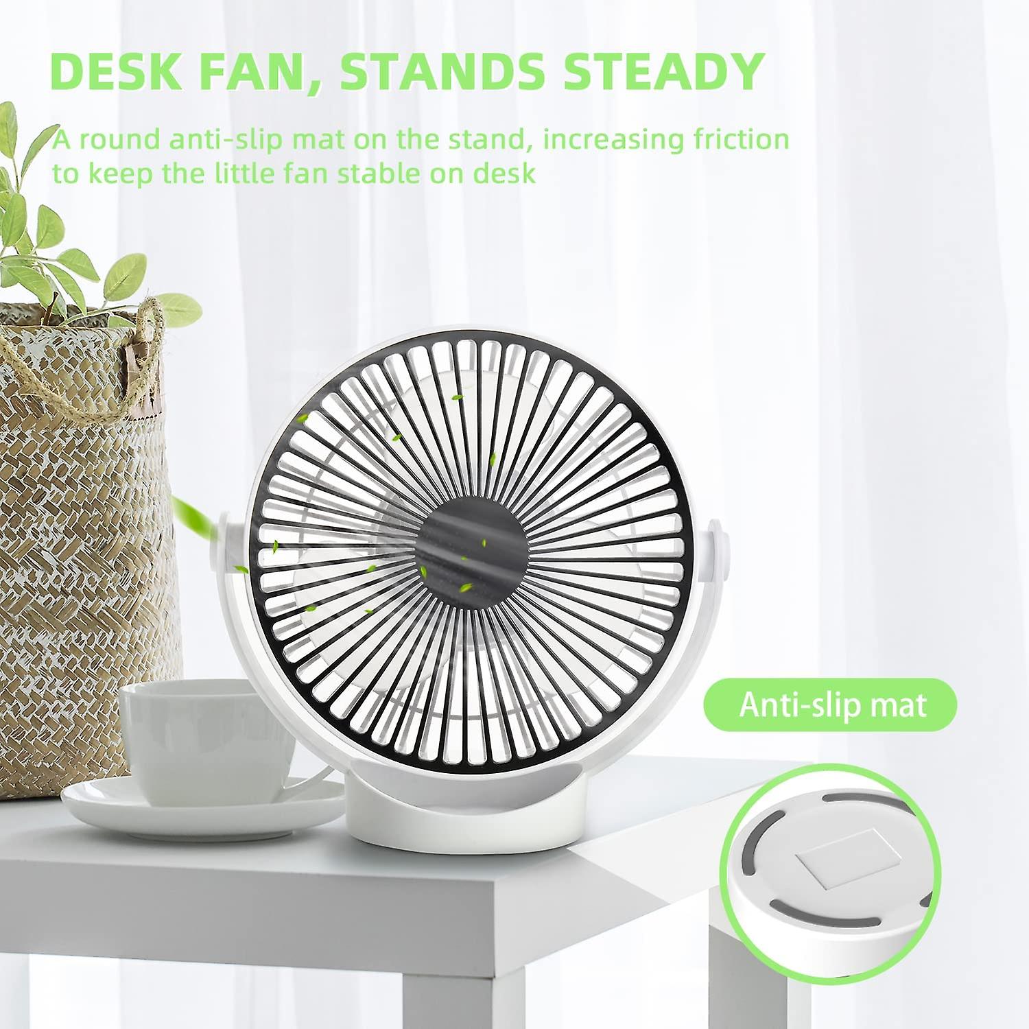 16.5cm Desk Fan - 3 Speed Desk Fan， Rechargeable Portable Fan， Powerful Airflow And Adjustable 360 Rotation， Usb Powered， Home Office Table Fan - Whit