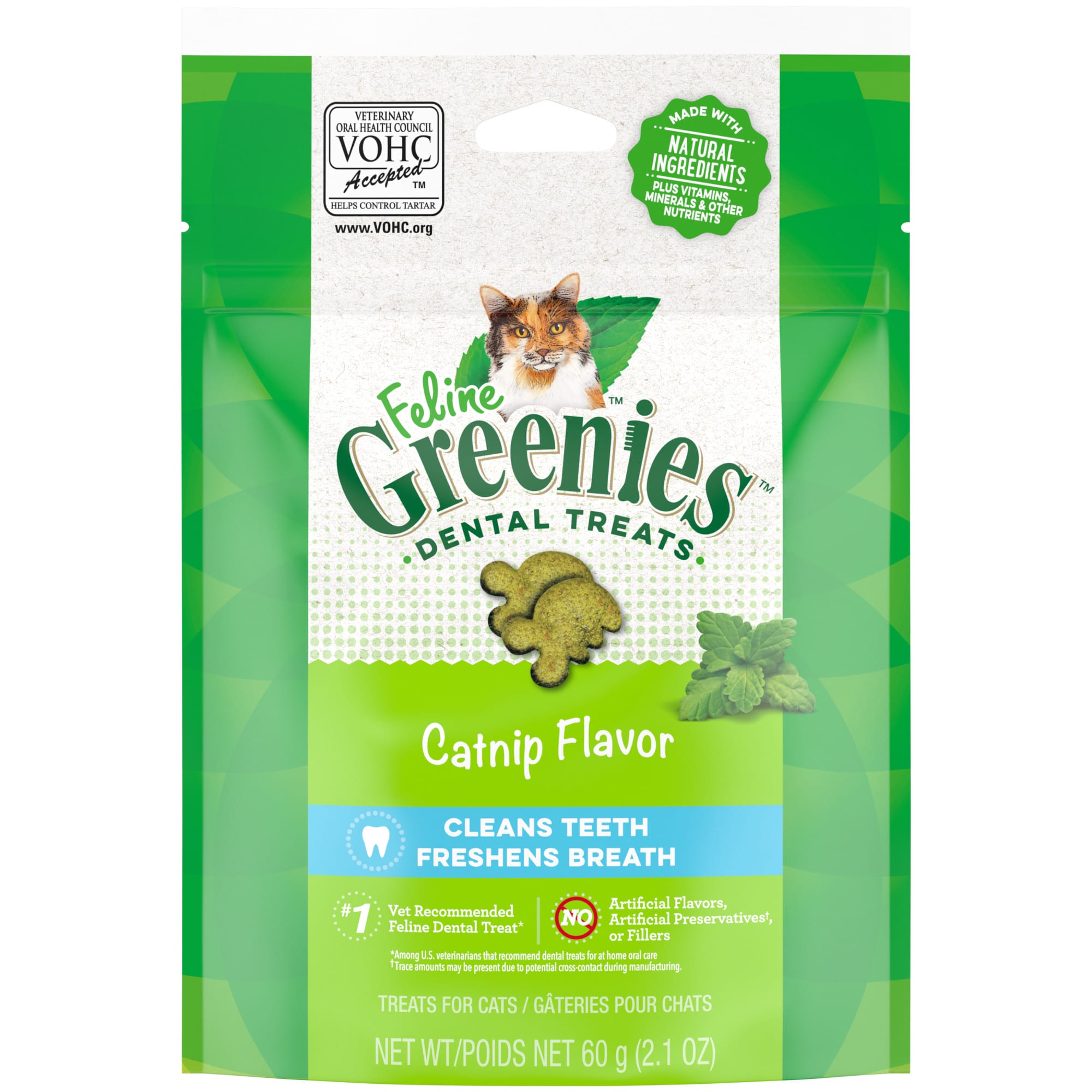 Greenies Natural Catnip Flavor Adult Dental Cat Treats， 2.1 oz.