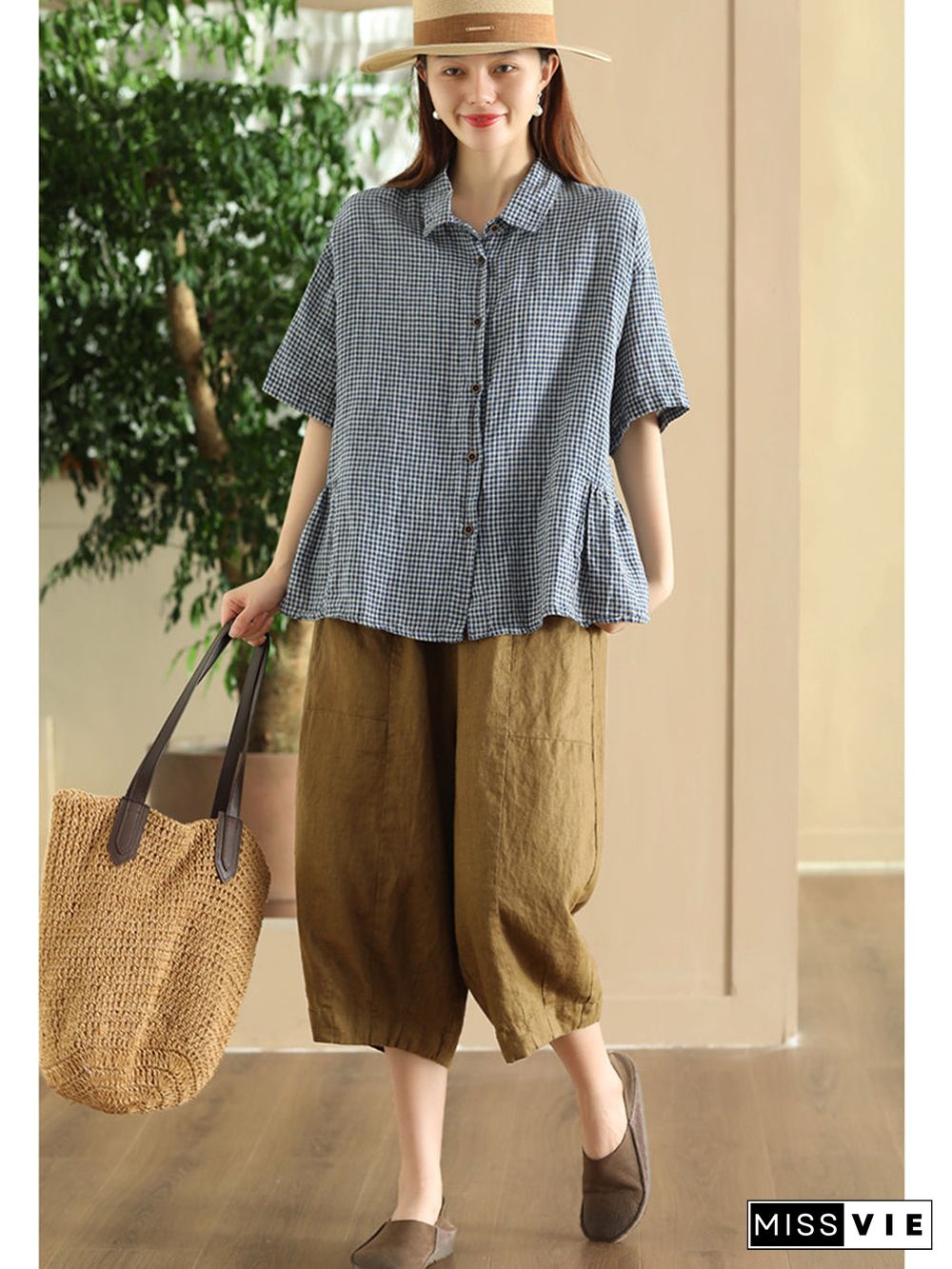 Plus Size Women Summer Casual Plaid Button Cardigan Linen Shirt