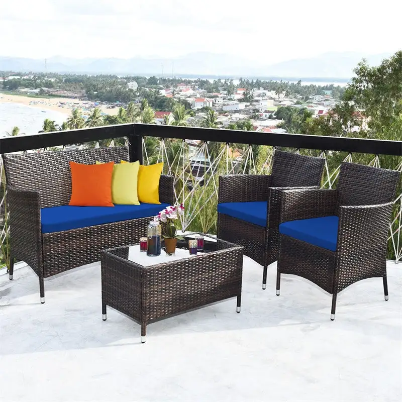 4 Pcs Outdoor Rattan Patio Conversation Set Wicker Furniture Set with Coffee Table and Cushioned Sofas