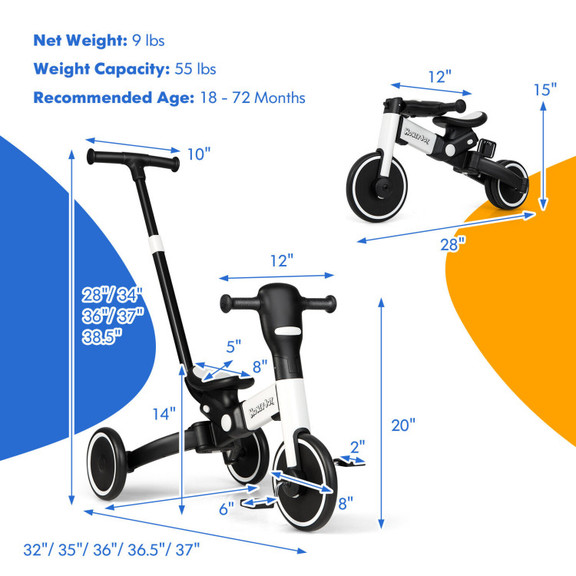 Costway 14367859 4 in 1 Kids Tricycle with Adjusta...