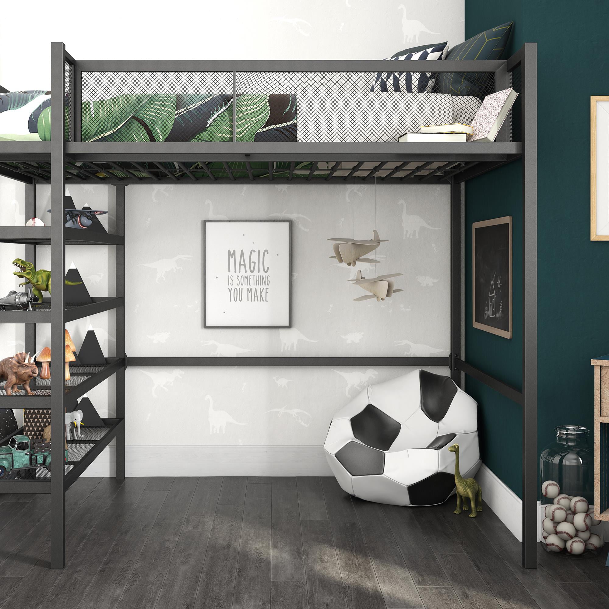 Mainstays Metal Storage Loft Bed with Book Case, Black, Twin