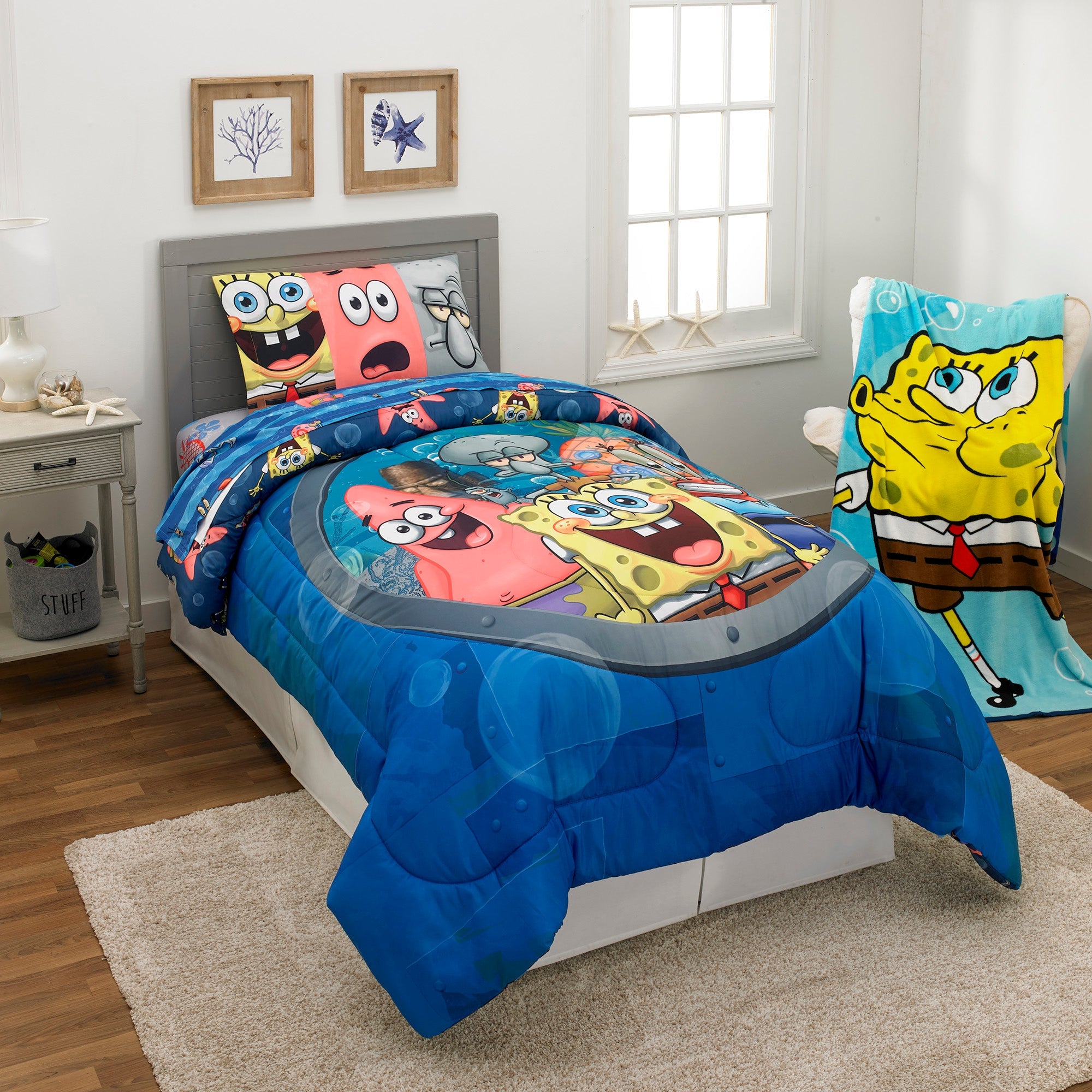 SpongeBob SquarePants Kids Twin Bed in a Bag, Comforter and Sheets, Blue, Nickelodeon