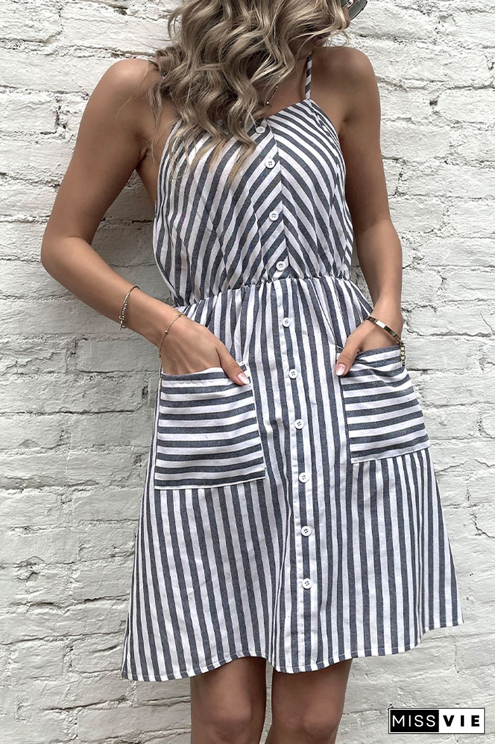 Grey Striped Print Sleeveless Linen Dress with Pockets Wholesale