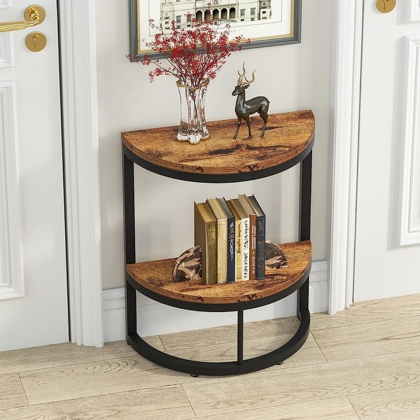 End Table Half Round， Narrow Wood Side Table with Metal Frame