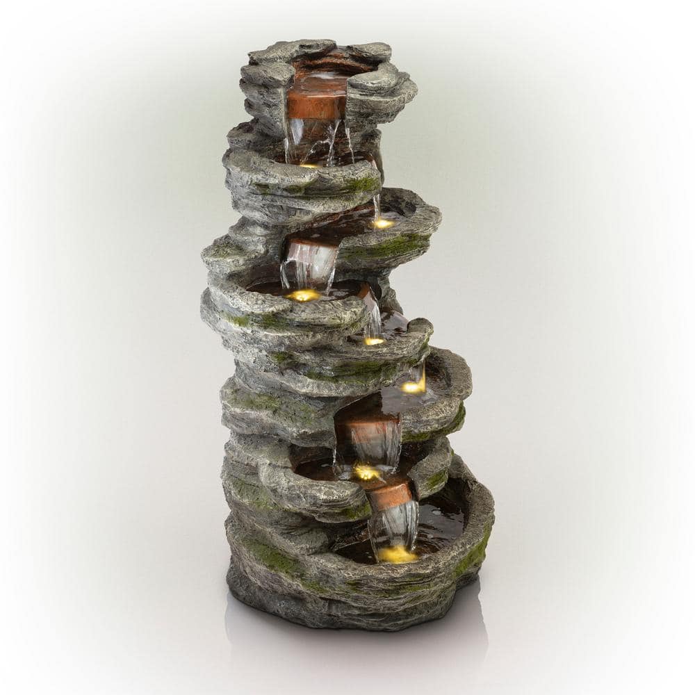 Alpine Corporation 58 in. Tall Outdoor 8-Tier Rainforest Rock Water Fountain with LED Lights WIN1146