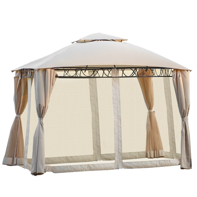 Outdoor Garden Patio Gazebo with 2 Tiered Canopy and Folding Curtains