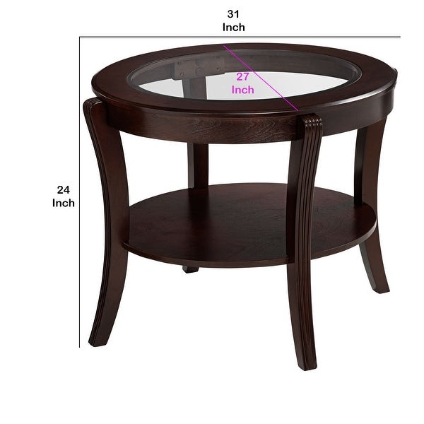 Oval Top Wooden End Table with Glass Insert and Open Shelf， Espresso Brown