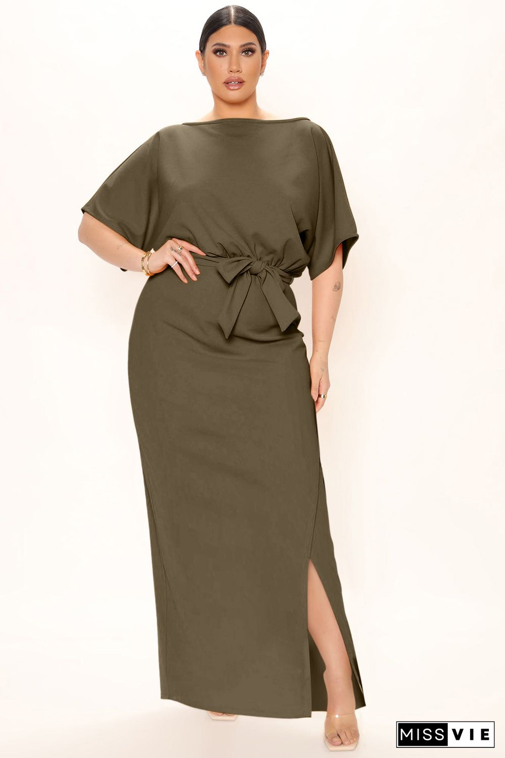 Green Belted High Waist Side Slit Plus Size Maxi Dress