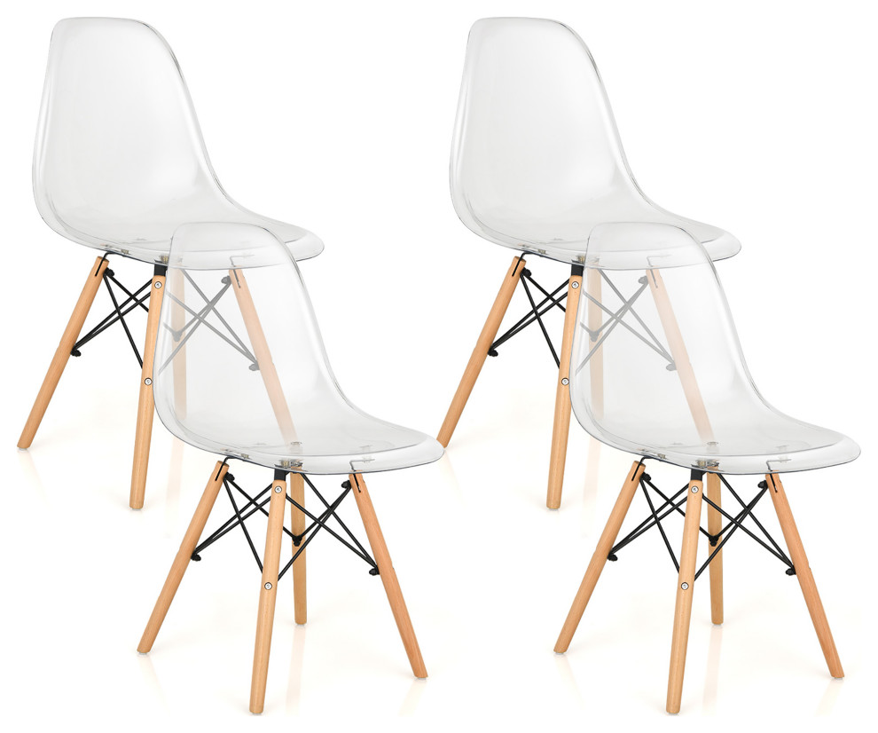 Set of 4 Dining Chairs Modern Plastic Shell Side Chair w/Clear Seat  ampWood Legs   Midcentury   Dining Chairs   by Costway INC.  Houzz