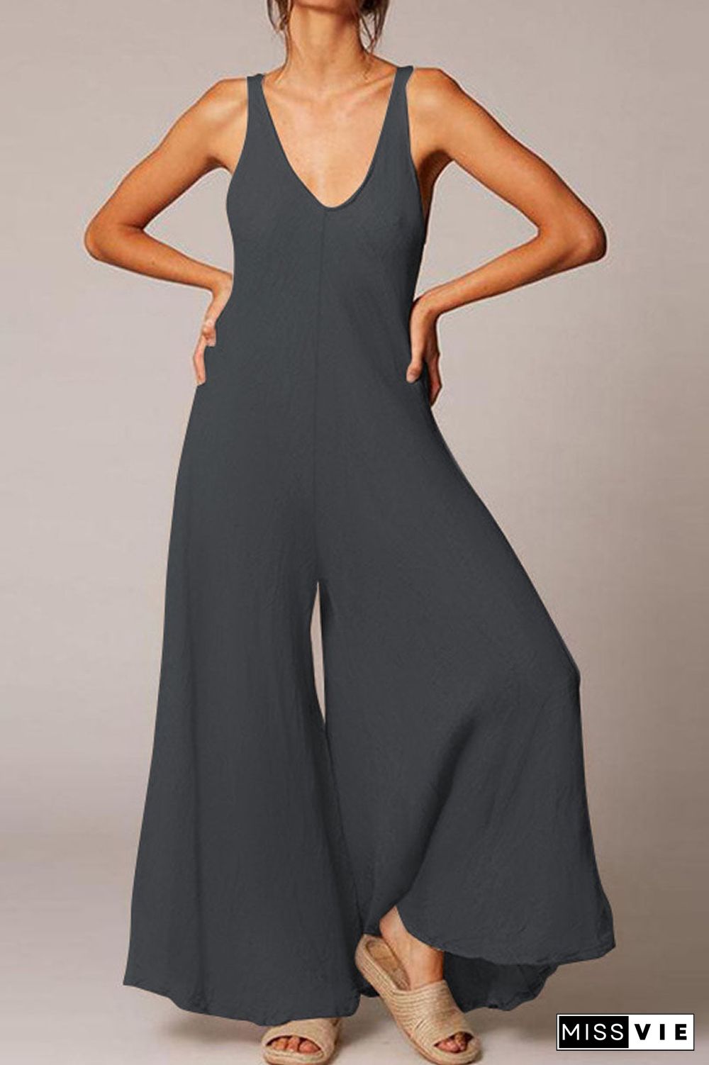 Fashion  Simplicity Solid V Neck Loose Jumpsuits