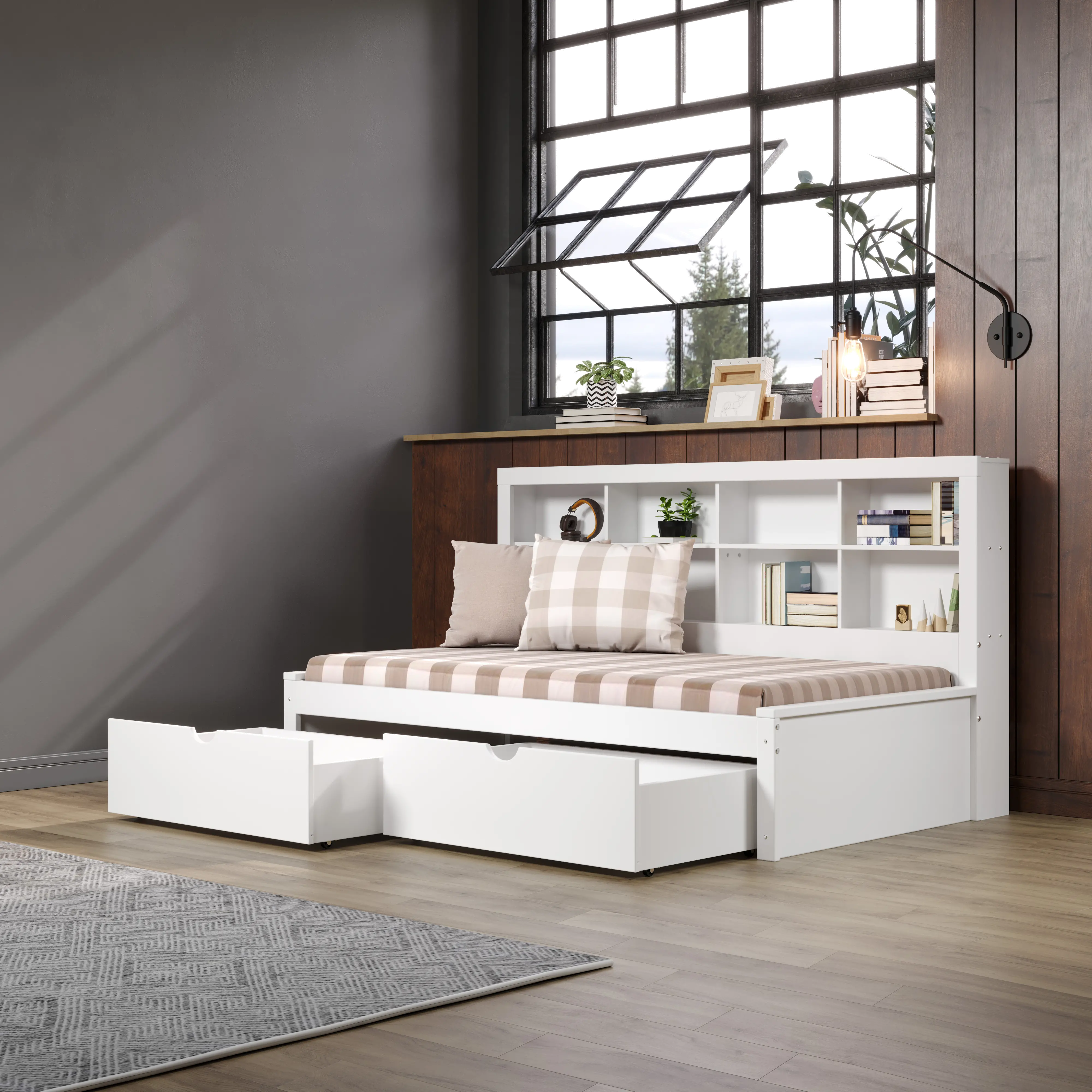 White Twin Bookcase Daybed with Storage Drawers