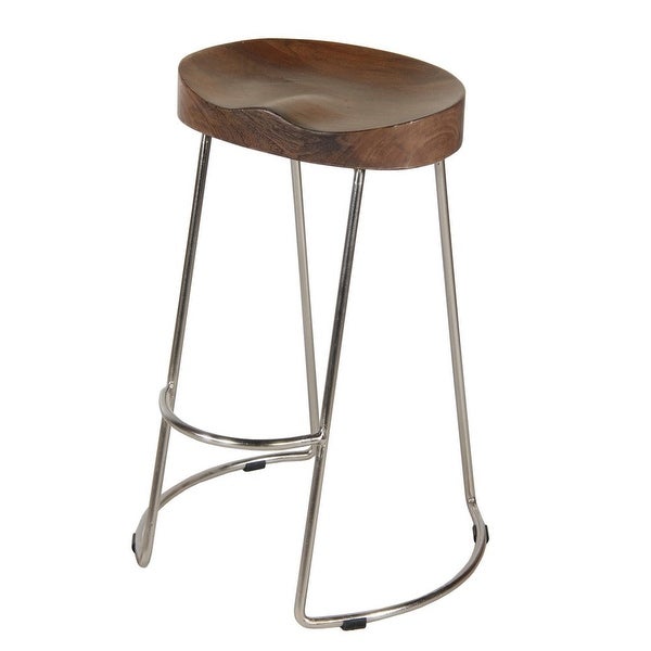 Farmhouse Counter Height Barstool with Wooden Saddle Seat and Tubular Frame， Large