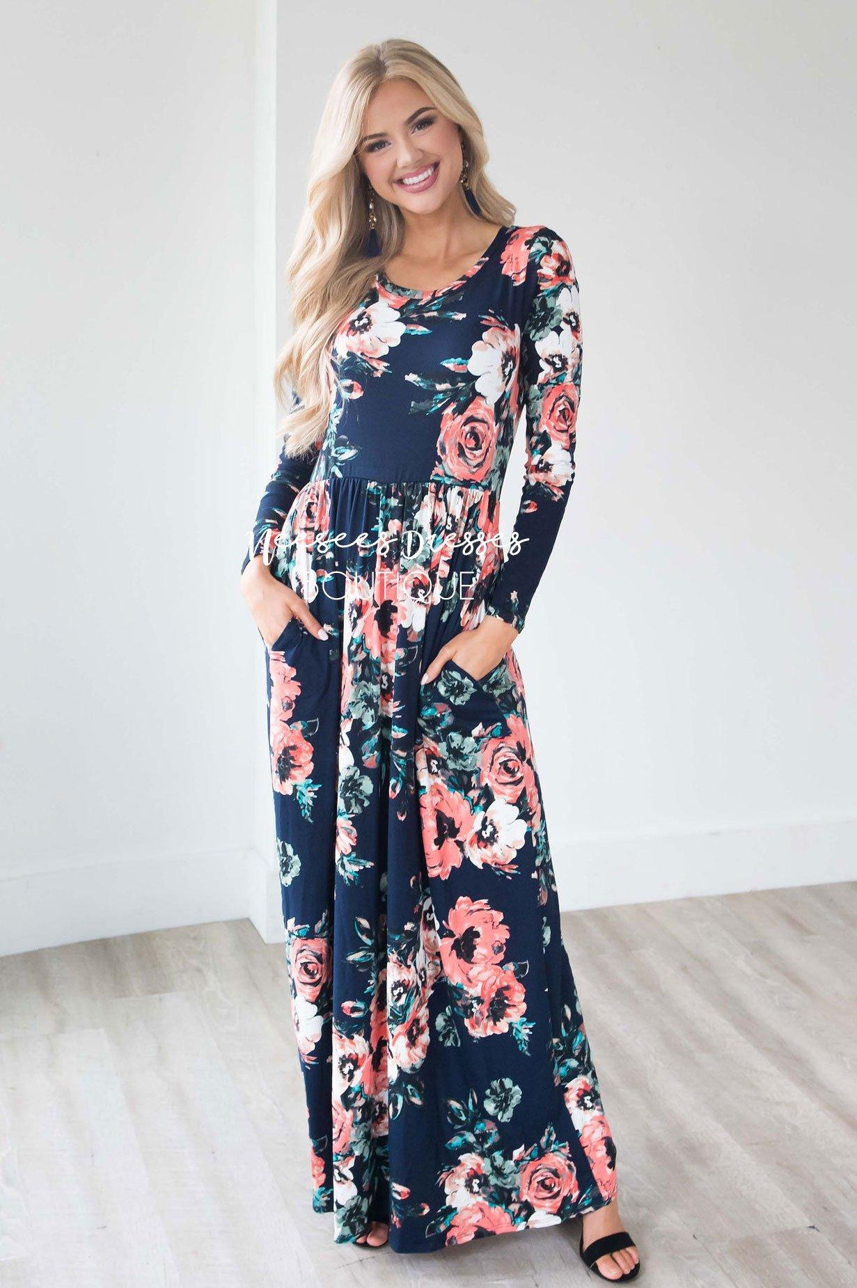 Navy Watercolor Long  Sleeve Maxi Dress