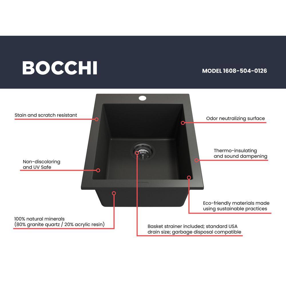 BOCCHI Campino Uno Matte Black Granite Composite 16 in. Single Bowl Drop-InUndermount Bar Sink with Strainer 1608-504-0126