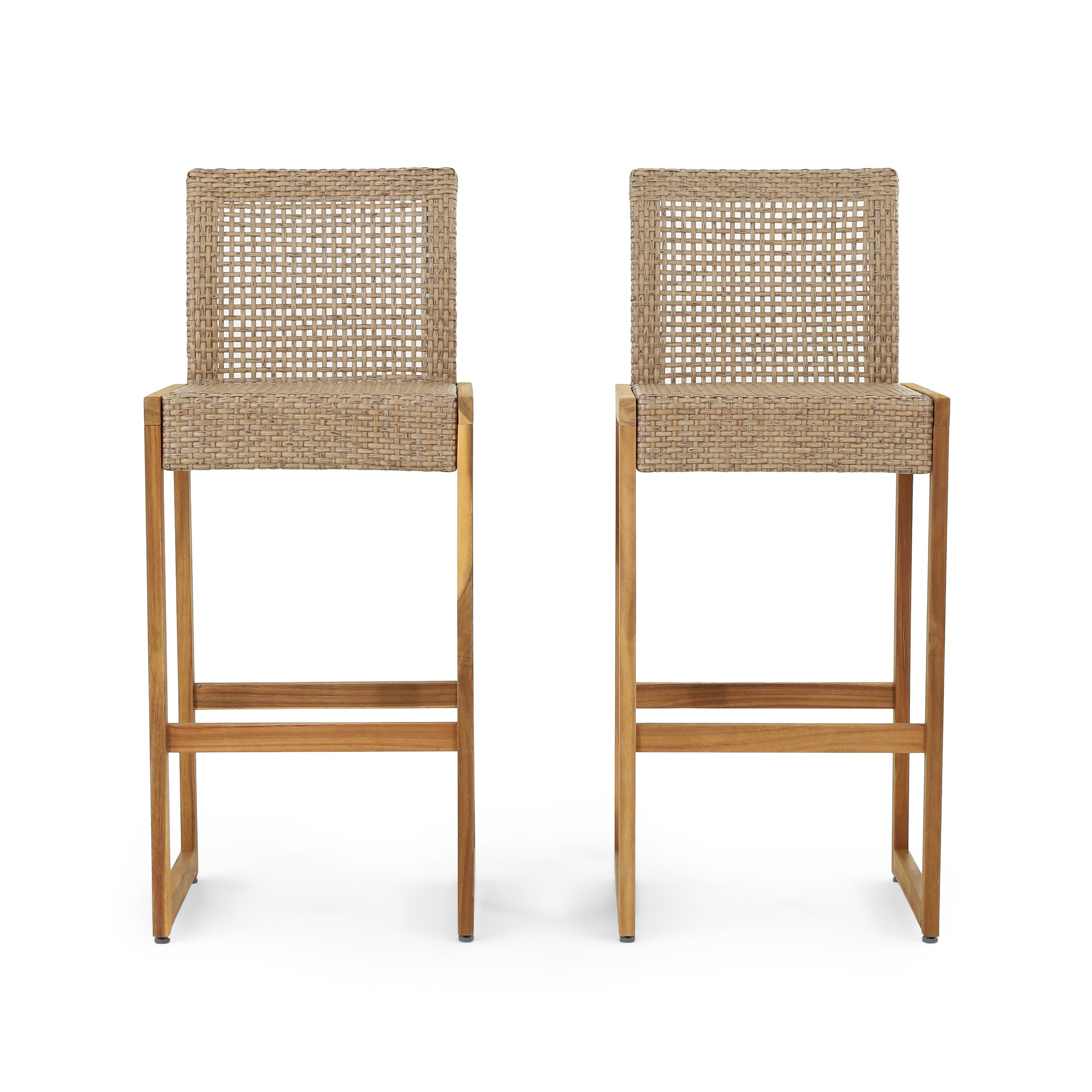 Resaca Outdoor Wicker Barstools, Set of 2, Light Multi-Brown and Teak