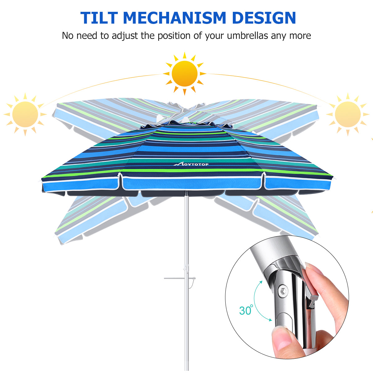 MOVTOTOP 6.5ft Beach Umbrella Striped Sun Shelter UV for Beach Travel