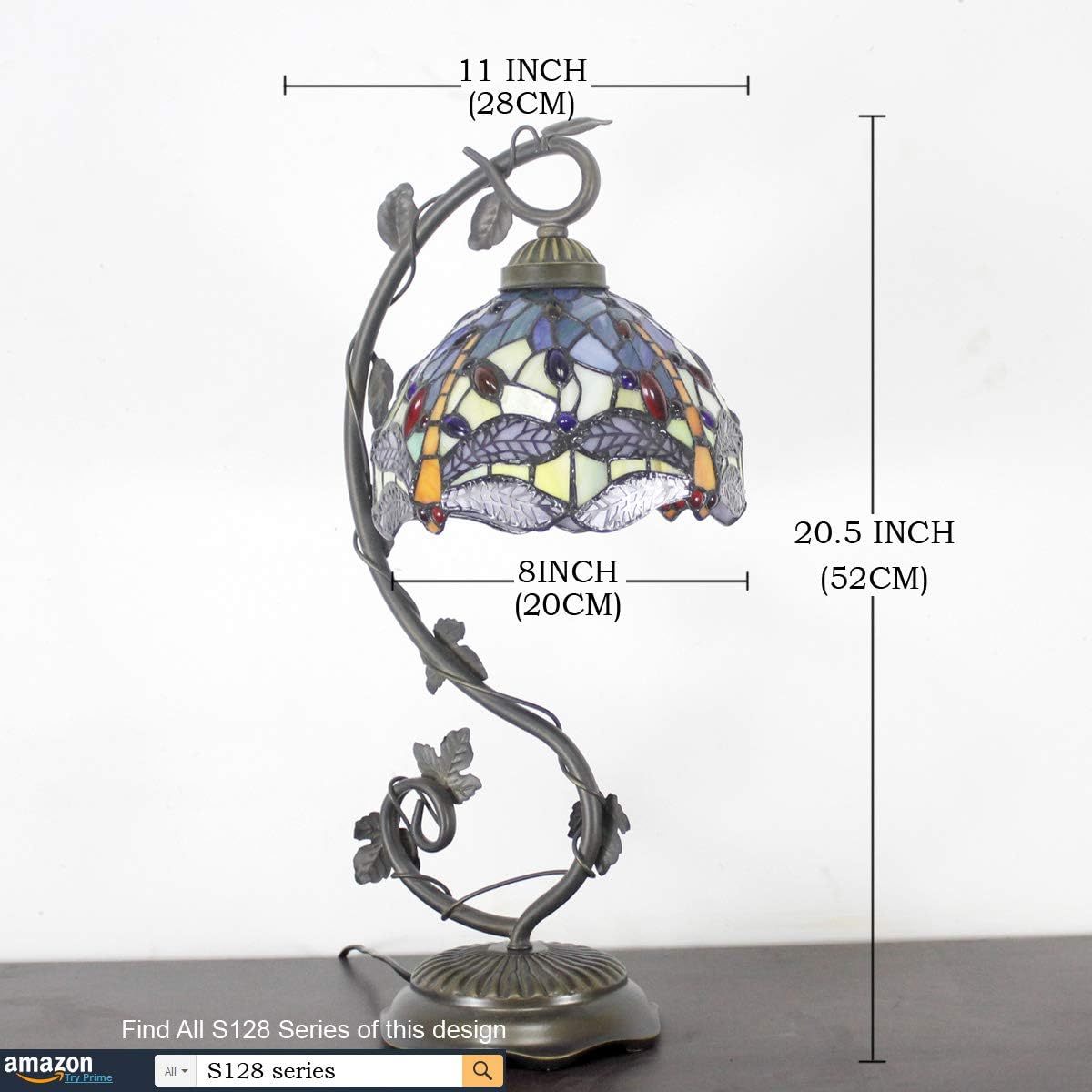 GEDUBIUBOO Tiffany Lamp Stained Glass Table Lamp Blue Yellow Dragonfly Style Desk Light Metal Leaf Base 8X10X21 Inches Decor Small Space Bedroom  Office S128 Series