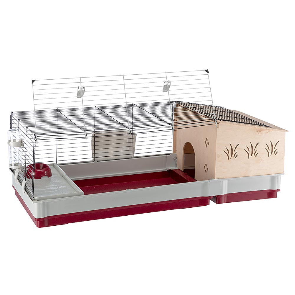 Ferplast Krolik XL Rabbit Cage 140 (Includes Wood Hutch) | 55.9L x 23.62W x 19.7H inches | Burgundy and Cream