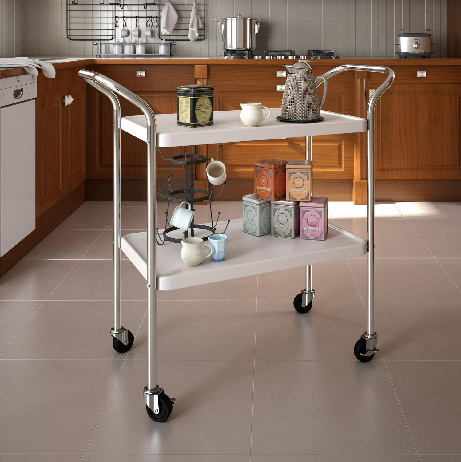 COSCO Stylaire 2 Tier Serving Cart， White and Silver