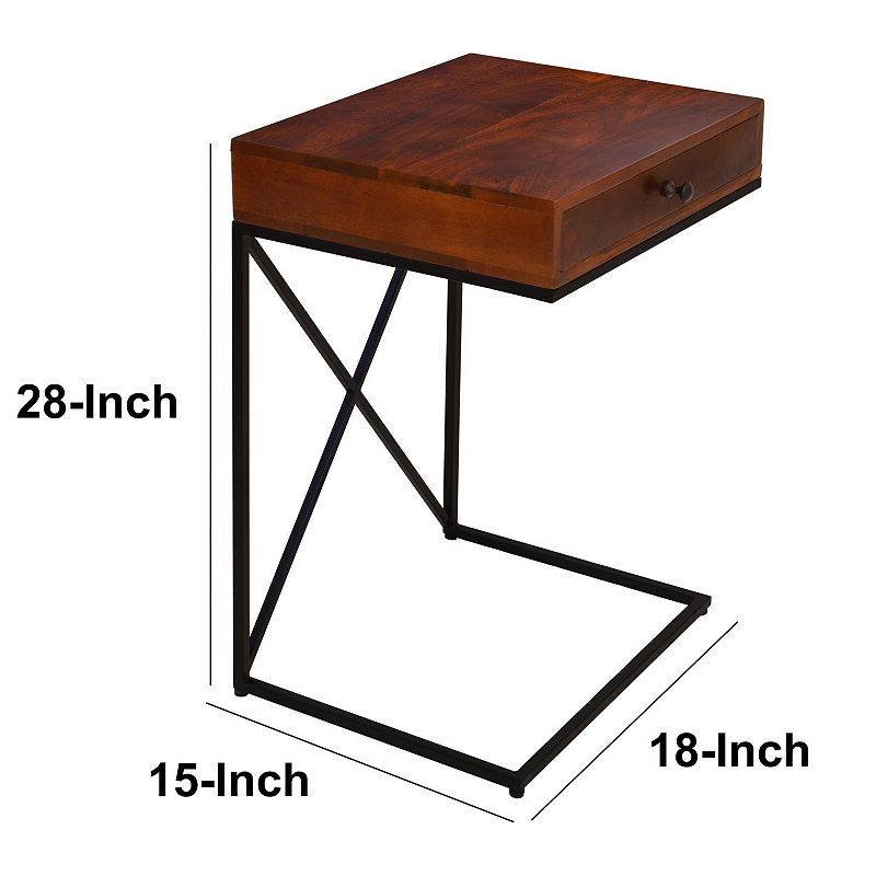 Wooden Sofa Side  Table with 1 Drawer and Metal Frame， Brown and Black