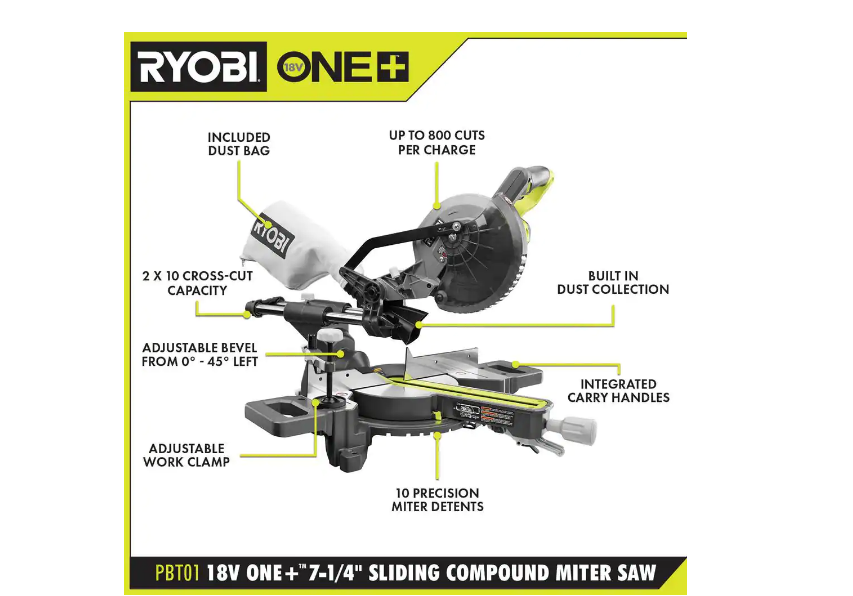 RYOBI PBT01B-PBP004 ONE+ 18V Cordless 7-1/4 in. Sliding Compound Miter Saw with HIGH PERFORMANCE Lithium-Ion 4.0 Ah Battery