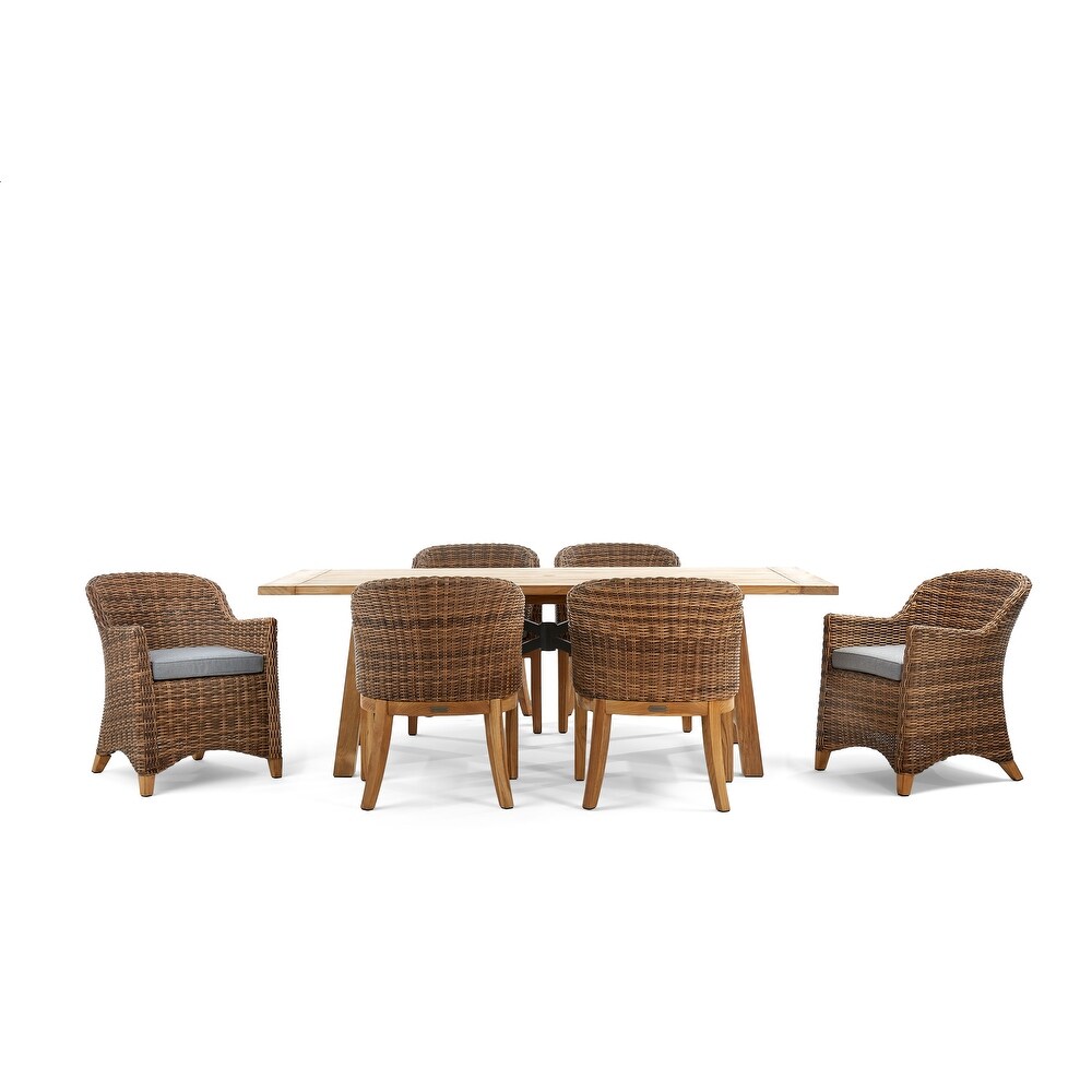 Winston Truss 7 Piece Natural Teak with Vintage Earth Weave Captain's Chair  Side Chair and Teak Dining Table Dining Set