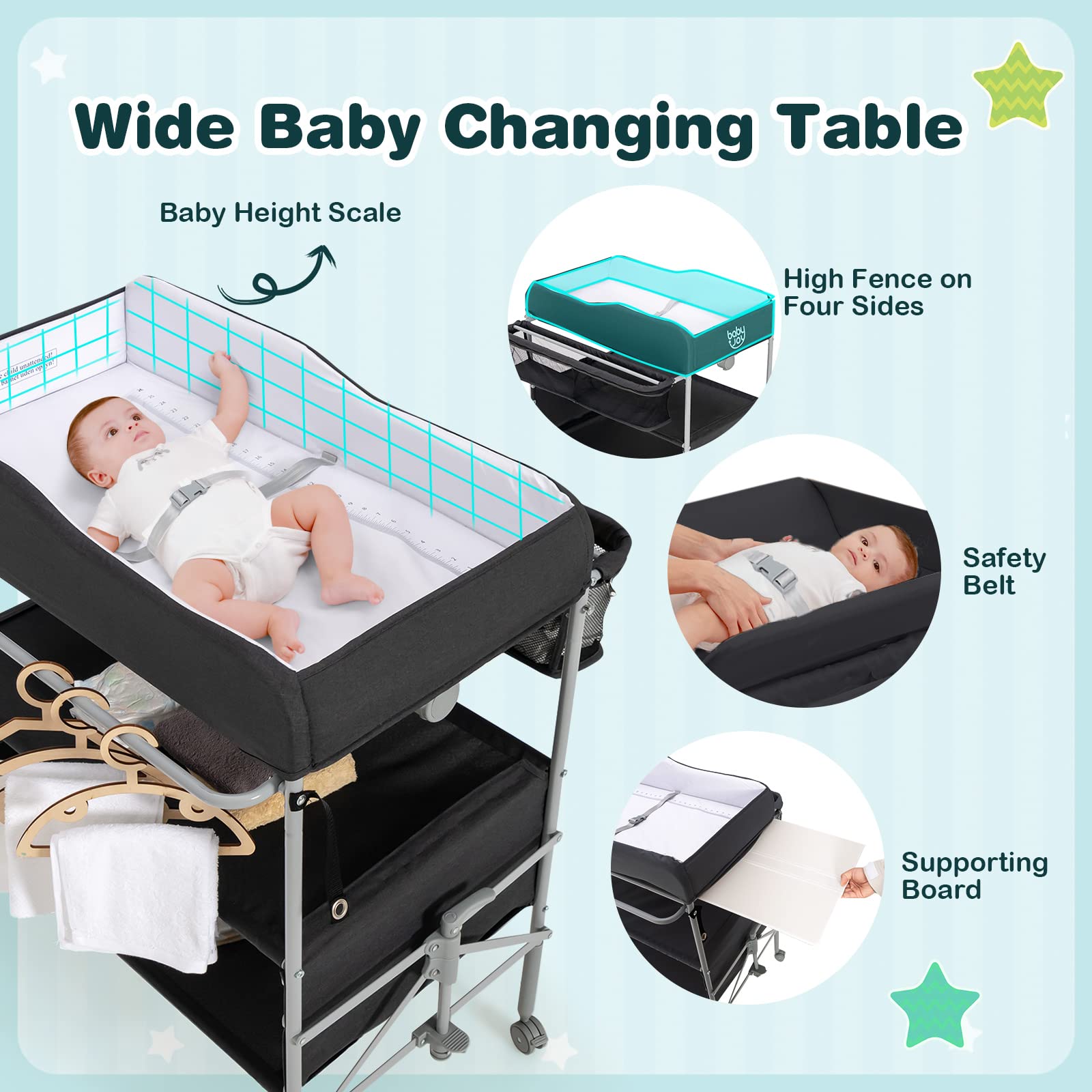 Costzon Portable Baby Changing Table, Foldable Infant Diaper Changing Station, Newborn Nursery Organizer w/ 4 Lockable Wheels