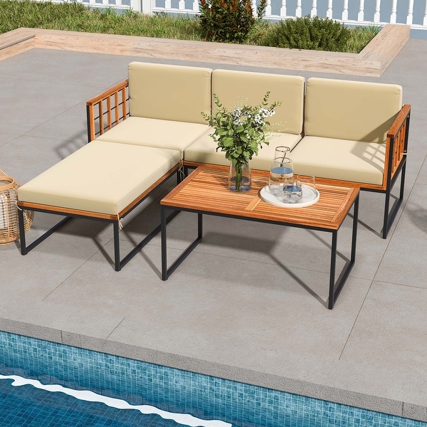 5 PCS Patio Furniture Set Acacia Wood Sectional Set with Cushions