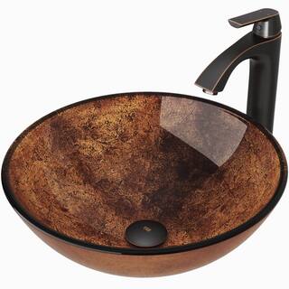 VIGO Glass Round Vessel Bathroom Sink in Russet Brown with Linus Faucet and Pop-Up Drain in Antique Rubbed Bronze VGT504