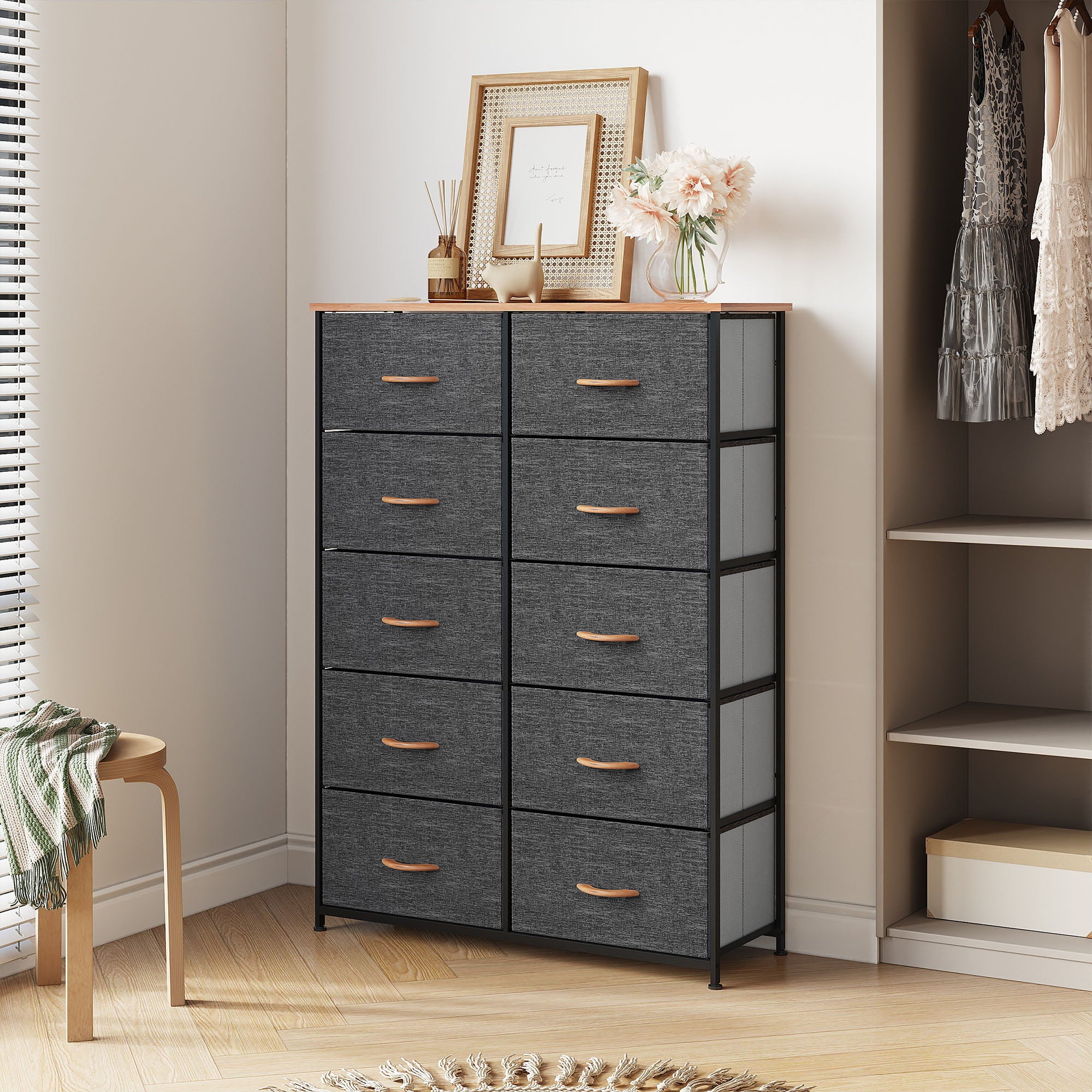 YITAHOME 10 Drawers Dresser Fabric Bedside Organizer Storage Tower Chest for Bedroom, Dark Grey