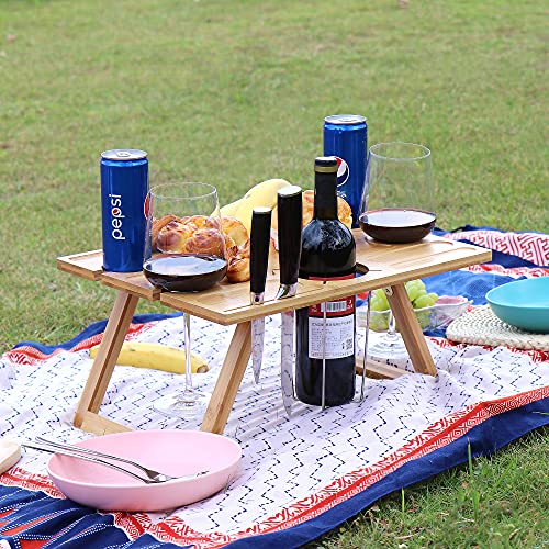 Portable Bamboo Wine Picnic Table， Foldable Outdoor Picnic Table， Snack Table， Date Idea Table， Wine Picnic Table with Bottle and Glass Holder， Lightweight Portable Picnic Table， Bed Breakfast Table