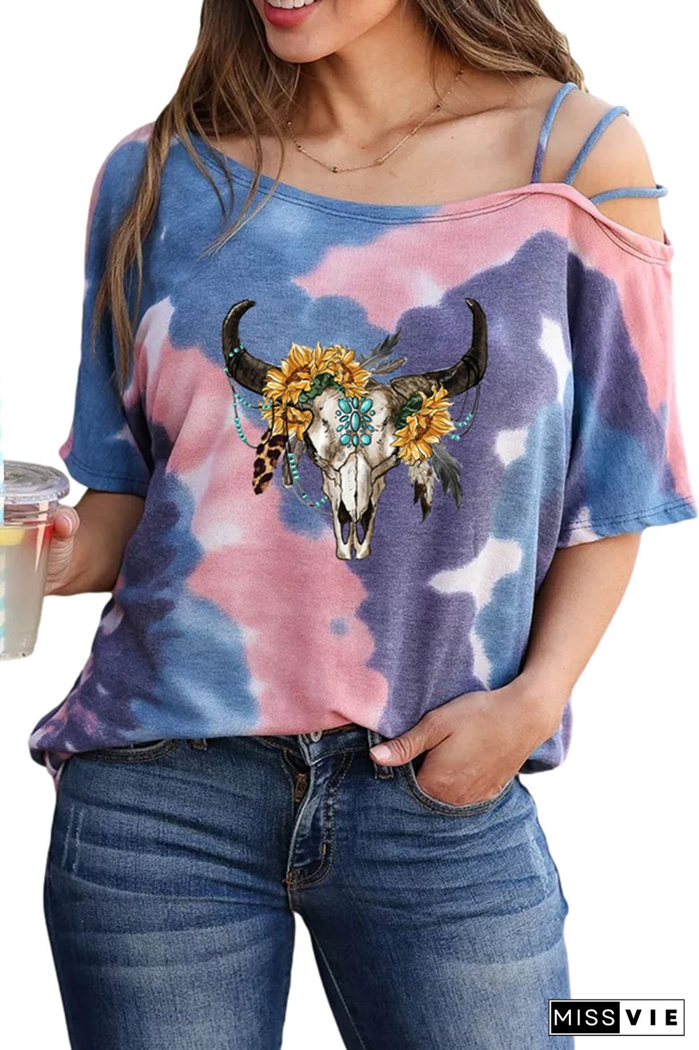 Sunflower Boho Bull Skull Graphic Tees for Women Wholesale Short Sleeve T shirts Top