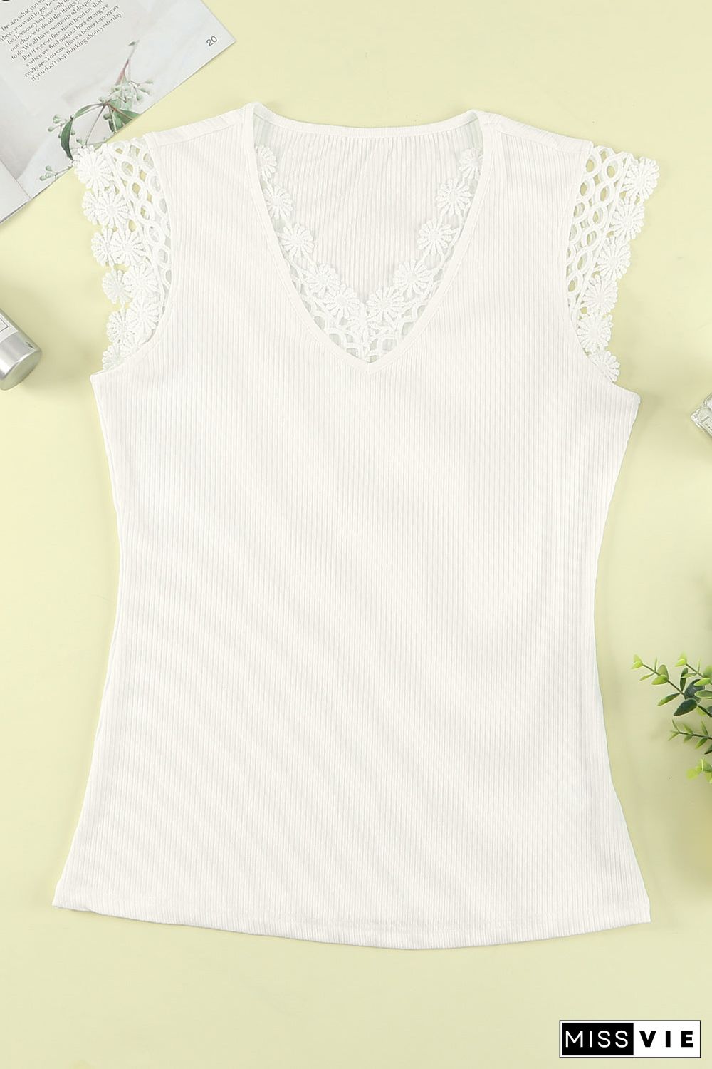 Lace Crochet Ribbed V Neck Tank Top