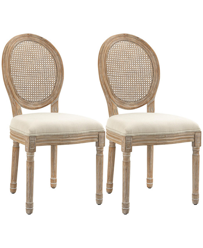 HOMCOM 2pc French-Style Rattan Backrest Upholstered Dining Accent Chairs White