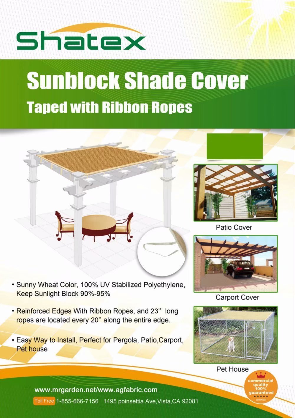 Shatex Shade Panel Block 90% of UV Rays with Ready-tie up Ribbon for Pergola Gazebo Porch 10' x 10', Wheat