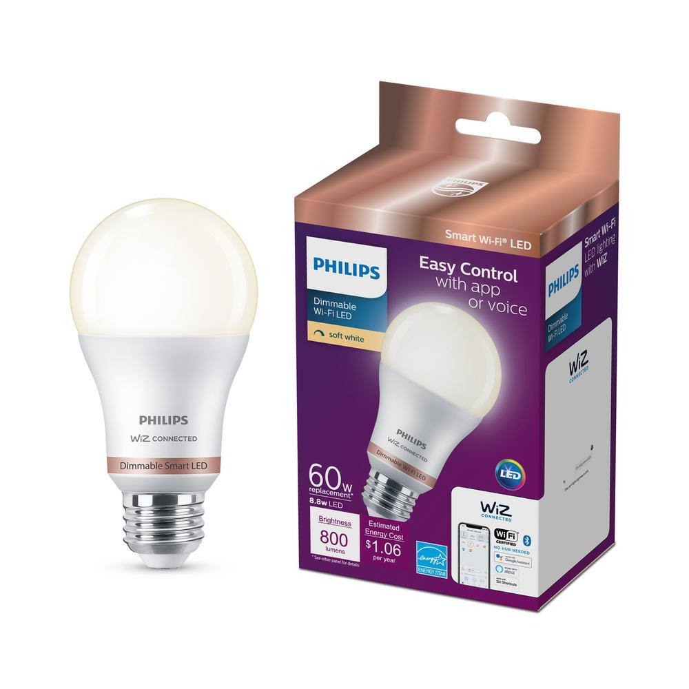 Philips 60-Watt Equivalent A19 LED Soft White (2700K) Smart Wi-Fi Light Bulb powered by WiZ with Bluetooth (1-Pack) 562561