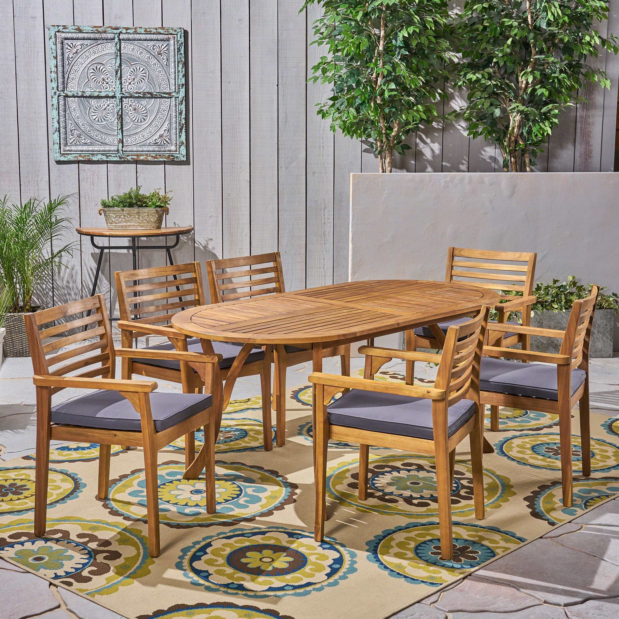 Phoenix Outdoor Acacia 6-Seater Dining Set with Cushions and 70