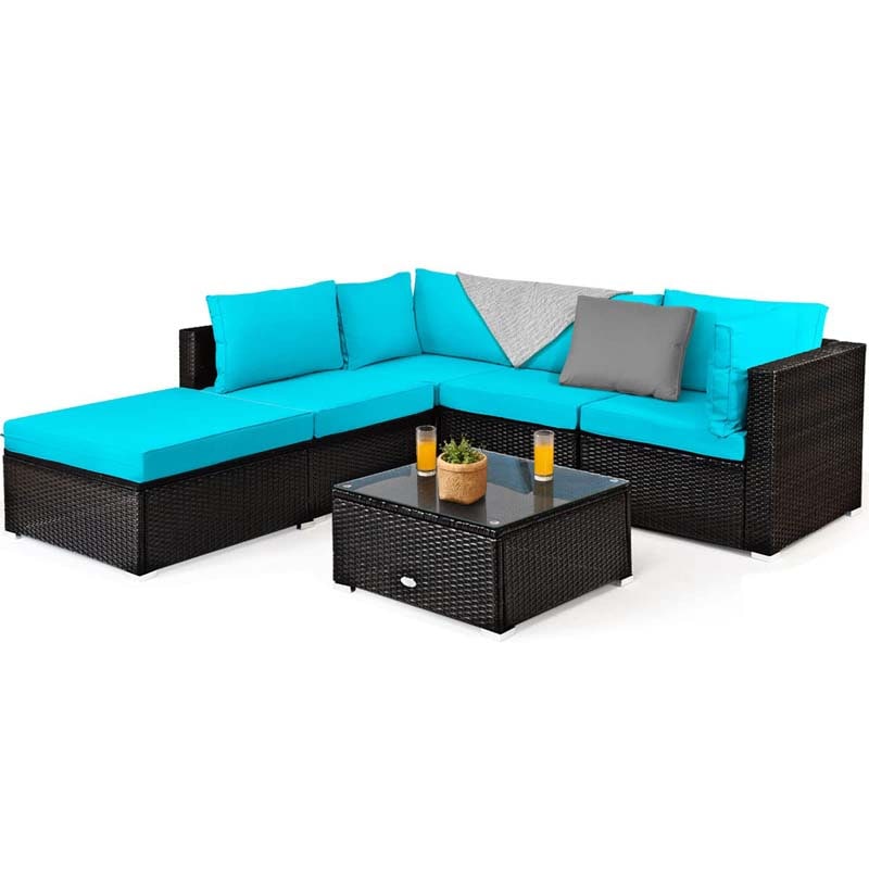 6 Pcs Outdoor Rattan Sectional Sofa Set with Coffee Table & Removable Seat & Back Cushions